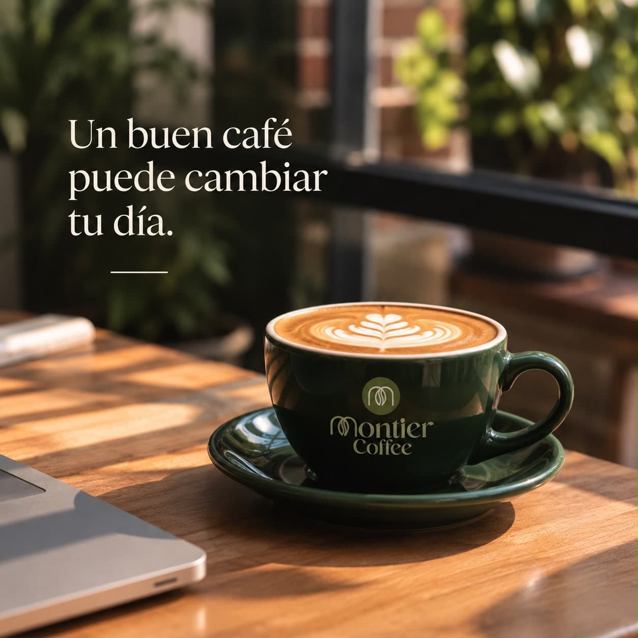 Taza de café Montier sobre una mesa de madera